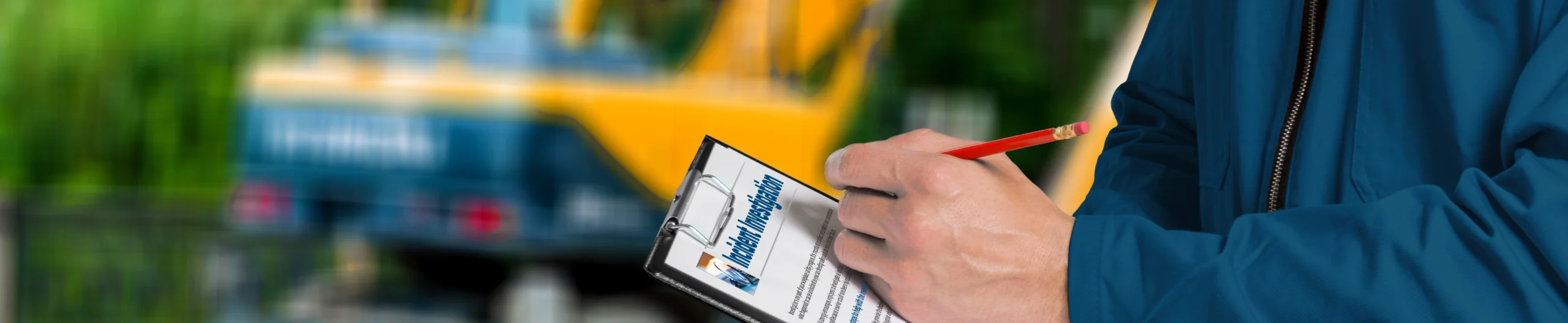 Person completes an Incident Investigation form on a clipboard.